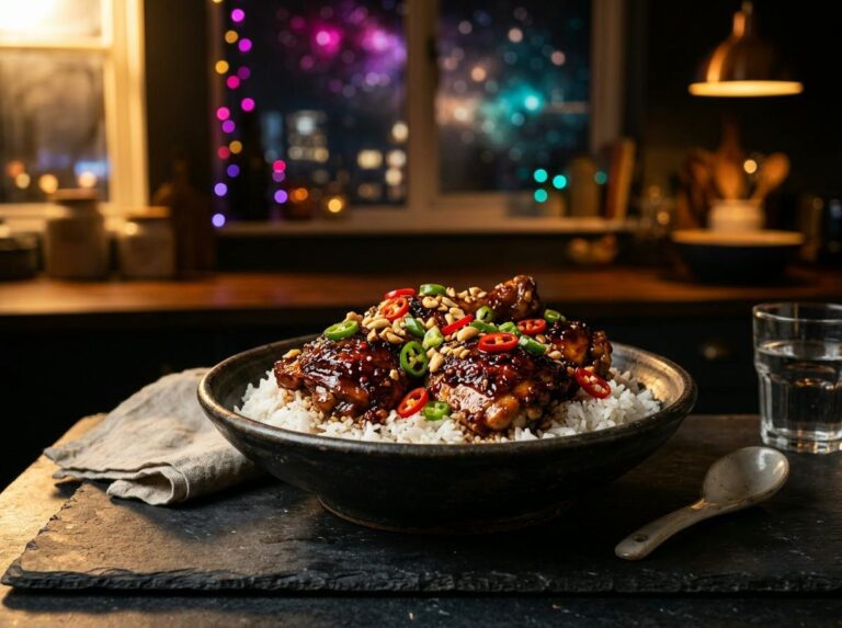 Sticky glazed spicy caramel chicken thighs with sliced chilies, green onions and peanuts over white rice in a bowl