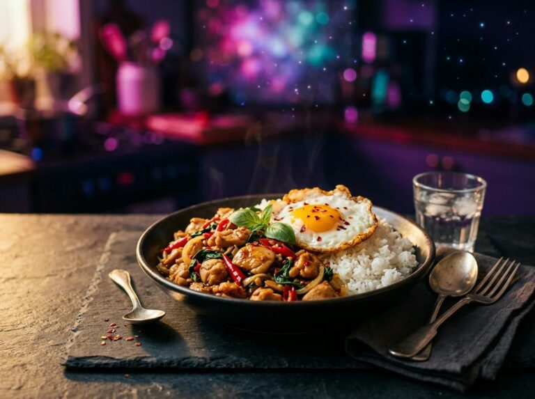 Spicy Thai basil chicken stir fry with chopped chicken, red chilies and wilted basil, served with jasmine rice and a fried egg