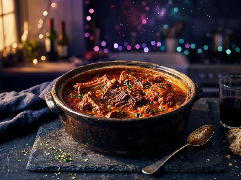 A rustic pot of slow-simmered Sunday meat sauce with fall-apart pork ribs, beef shank and chicken in red tomato sauce