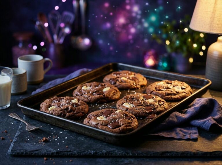 Large soft chocolate cookies with melting chunks of milk, white and dark chocolate on a baking tray