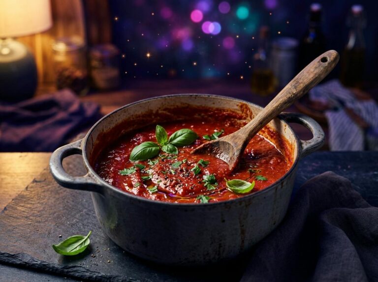 A heavy pot of thick, glossy San Marzano tomato sauce with fresh basil and parsley, a wooden spoon in the pot