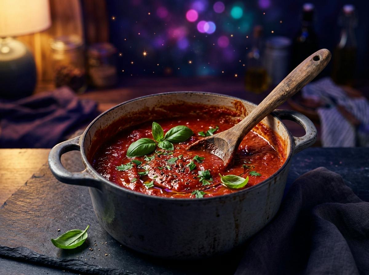A heavy pot of thick, glossy San Marzano tomato sauce with fresh basil and parsley, a wooden spoon in the pot