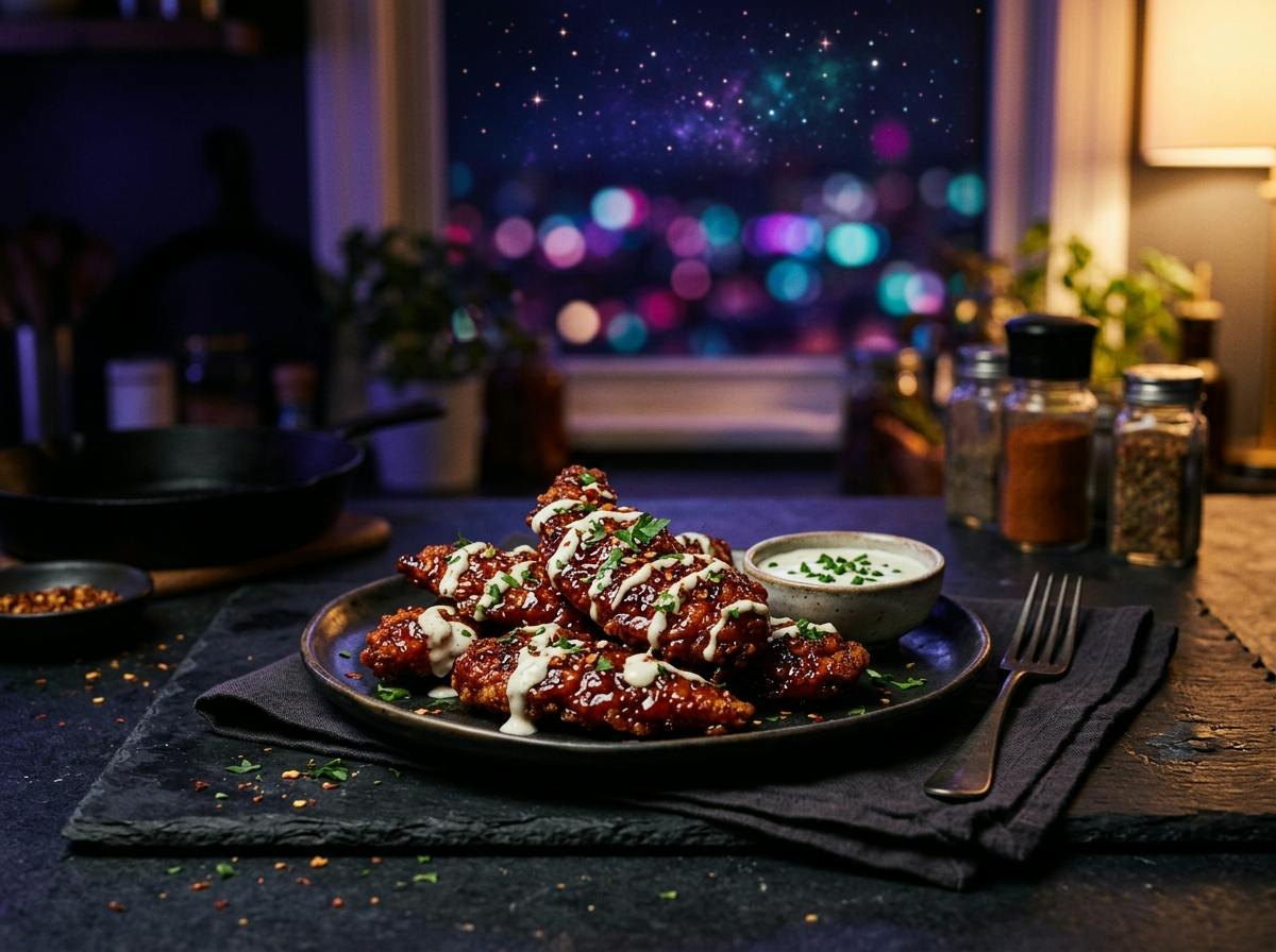 A plate of crispy baked chicken strips coated in sticky glossy red-brown sweet chili glaze, ranch drizzle